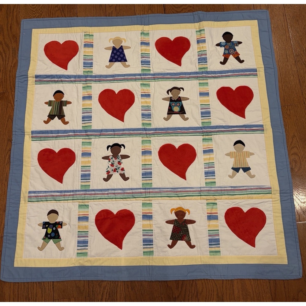 Handmade Baby Quilt Applique Children Hearts Multicultural 42x42 Crib Play Mat